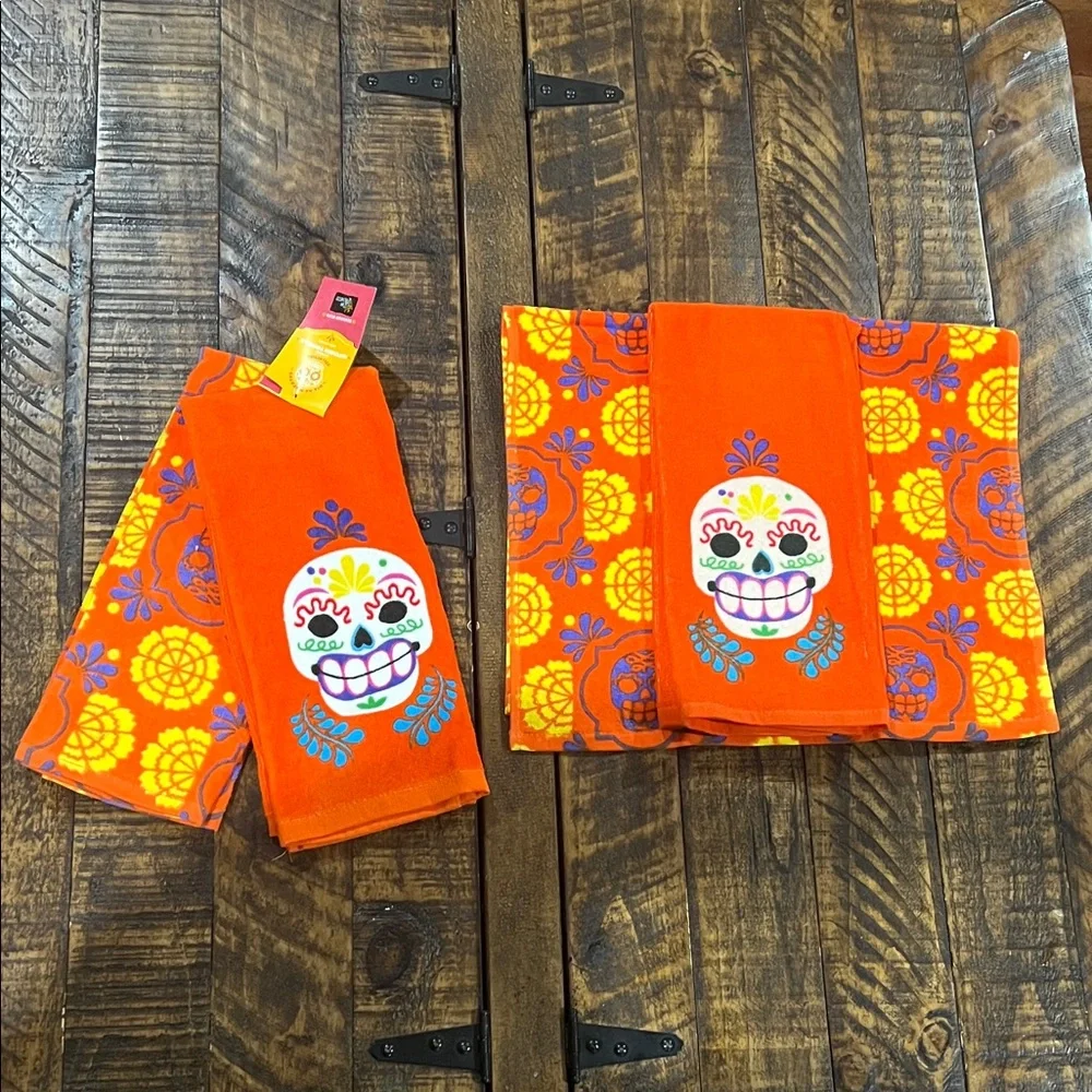 Halloween Orange Sugar Skull Kitchen Towels set